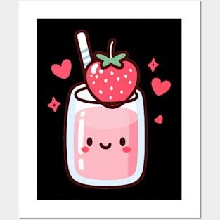 Cute Kawaii Strawberry Milkshake with a Smiley and Hearts | Design for Kawaii Lovers Posters and Art